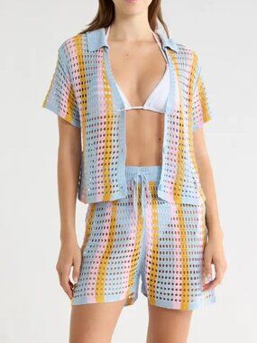 Abound Open Knit Stripe Top Shorts Set Blue Mustard Stripe Large L NWT